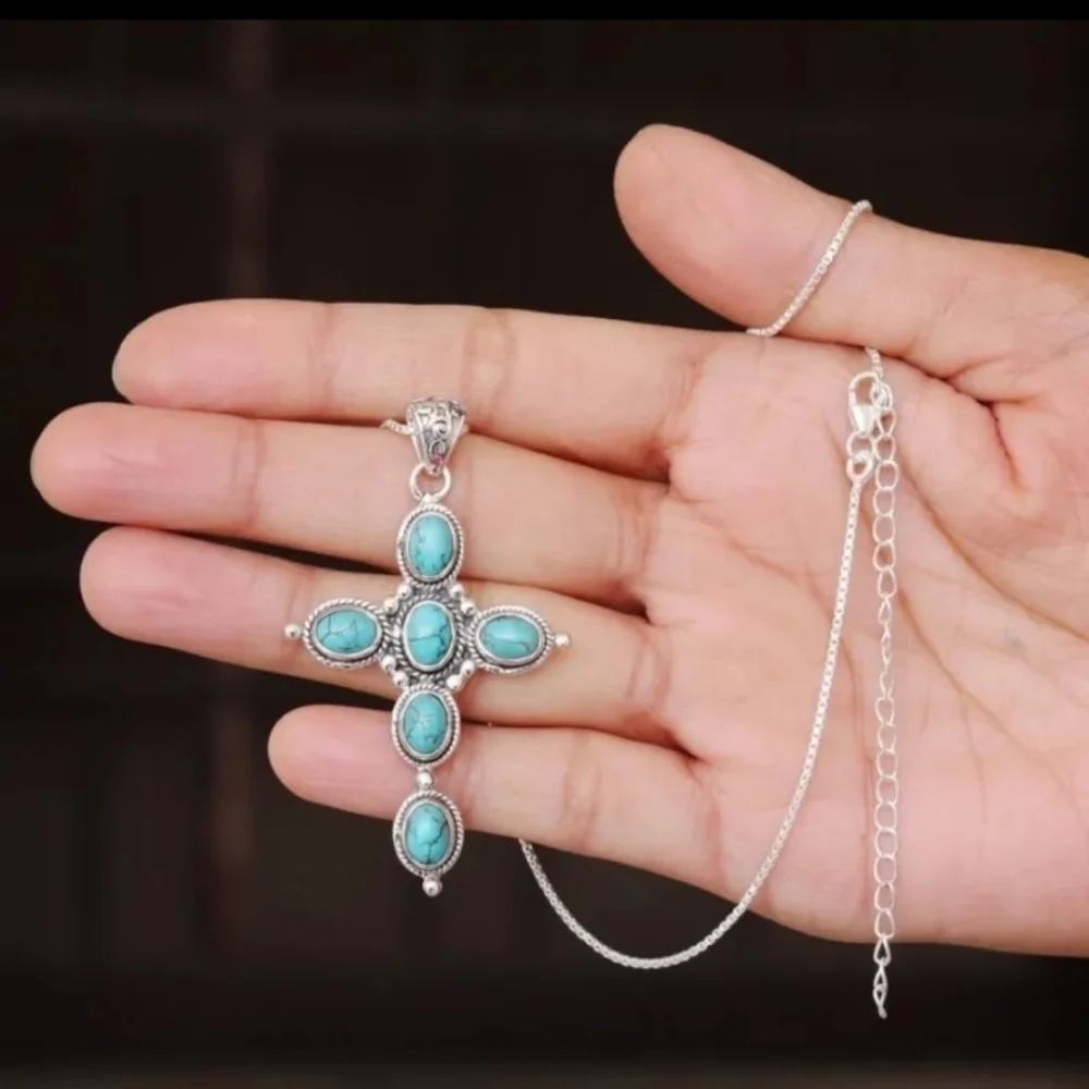 Silvertone Turquoise Cross Pendant Necklace